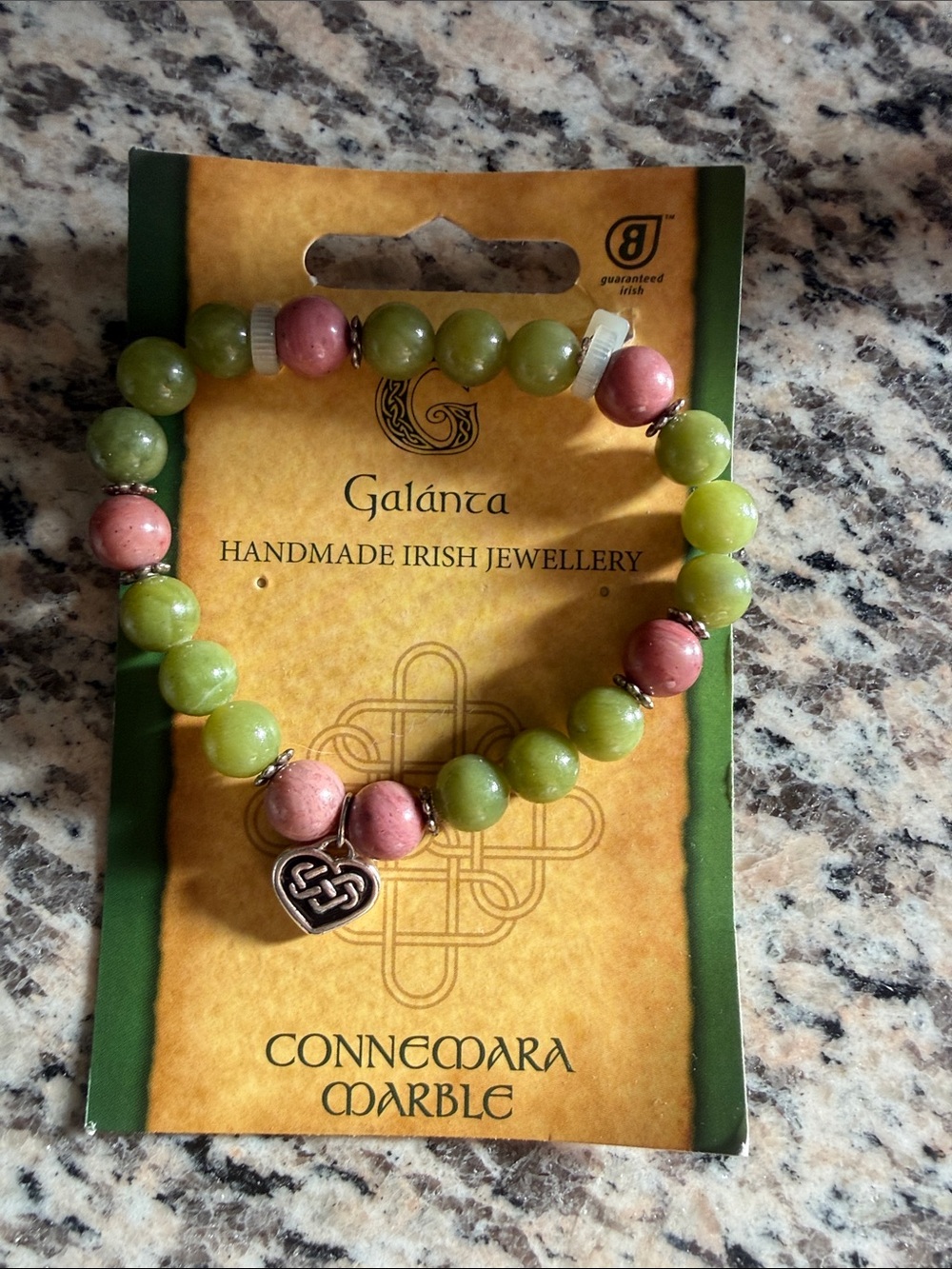 Connemara Marble Green and Pink Heart Charm Bracelet